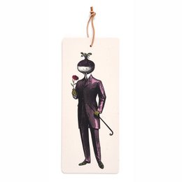  Rectangular wooden cutting board with a stylized illustration of a person in a dark suit and hat holding an umbrella.