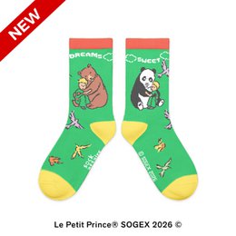  Green kids socks with bear and panda animals, yellow cuff, Le Petit Prince design