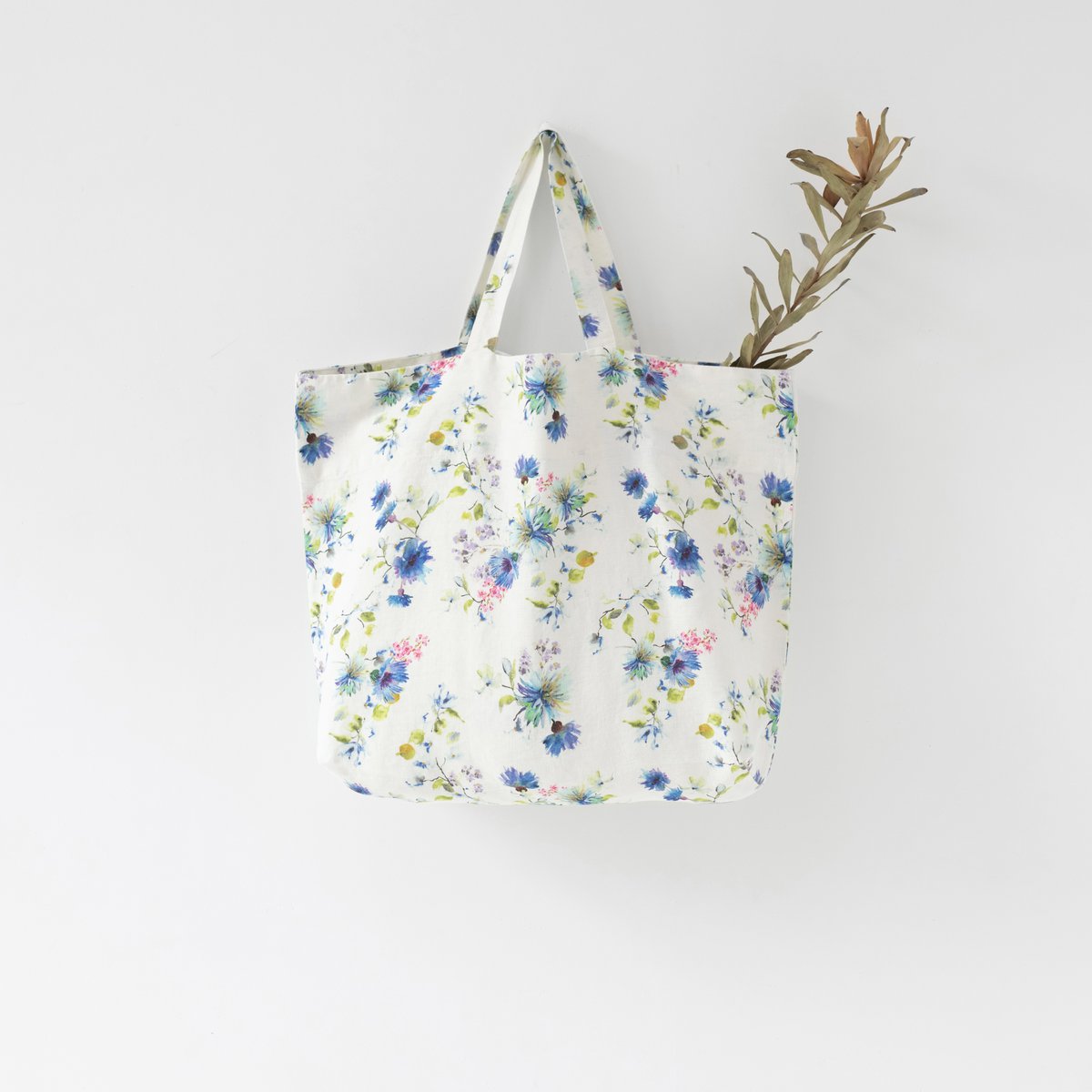 Borsa grande in lino con fiori bianchi Commercio all'ingrosso in linea