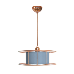 A round, hanging pendant light fixture with a blue glass shade and a copper-colored metal frame.
