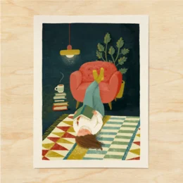 A retro-style illustration depicting a cozy reading nook with a potted plant, books on a shelf, and a turntable playing vinyl records. The scene is set against a vibrant yellow and green patterned rug, creating a warm and inviting atmosphere.