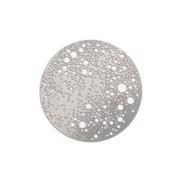 Circular silver-toned brooch with a textured, dotted pattern design.