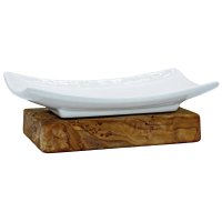 Porcelain soap dish on an olive wood base