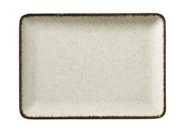 Rectangular cream-colored dessert plate with a subtle speckled pattern and a dark brown border.