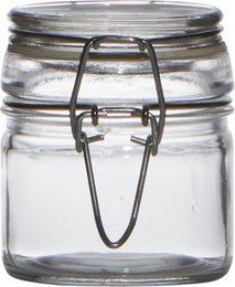  A clear glass canister with a swing top lid, measuring approximately 9.5 inches tall and 6.5 inches in diameter. The canister appears to be designed for storing food or other items.