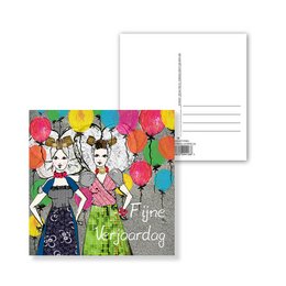 Colorful postcard with two women holding balloons, celebrating a birthday.