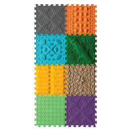  The Orto nature Set "Crocodile Here" 8 delig is a sensory toy that features a variety of textured surfaces in different colors, including gray, orange, turquoise, green, yellow, and purple. The product is made of premium quality, extra durable plastic that is easy to clean and suitable for long-term use. The textured surfaces provide a stimulating sensory experience for children.