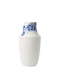Tall white ceramic vase with blue and white floral pattern. Suitable for displaying flowers or as a decorative piece.