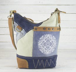 Sunsa Damen Nachhaltige Umhängetasche. Schultertasche aus recycelte Jeans & Canvas ( Segeltuch). Handtasche Vintage retro Stil. Crossbody Tasche für Frauen mit Mandala Aufdruck