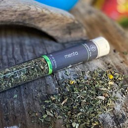 Loose leaf organic mint tea in a glass tube. Green herbal tea with a fresh, minty aroma and flavor.