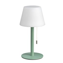  Sage green table lamp with white fabric shade, modern cylindrical design, pull cord switch
