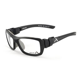 Black rectangular eyeglasses with matte finish and adjustable temples for a secure fit.