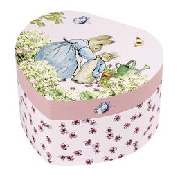 A heart-shaped music box featuring the beloved Peter Rabbit character, perfect as a Valentine's Day gift. The box is decorated with floral patterns and includes a musical mechanism that plays a soothing melody.