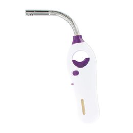 Flexible gas lighter with purple accents and a long, curved metal tip.