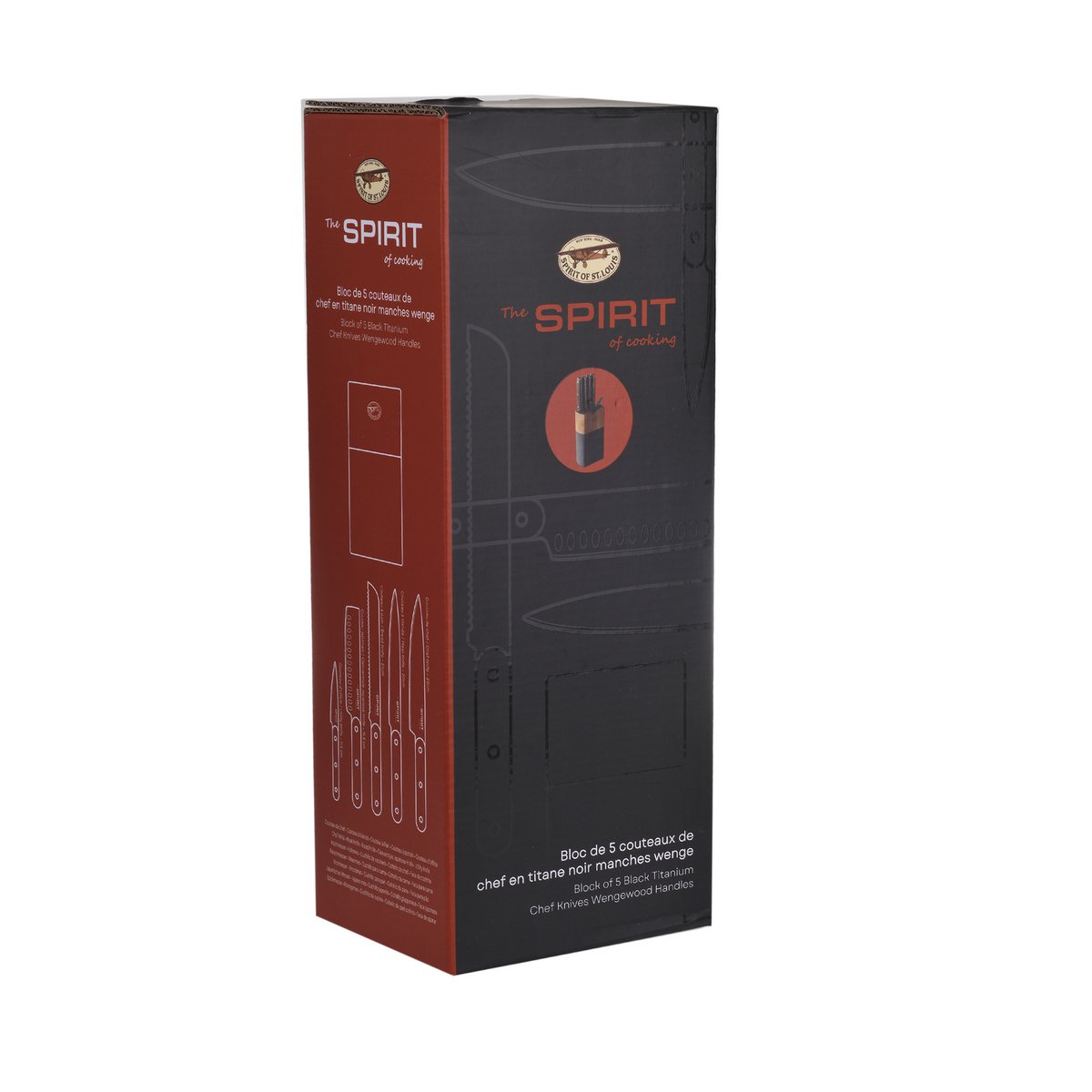 SOSL, Set de 5 Pièces, Ensemble Couteaux de Cuisine, Set Acier Inoxydable, Titane, avec Bloc en Bois d'Acacia, Couteaux de Chef, Pain, Écumoire,Viande, Poisson, Lame Noire