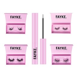 The product is a makeup kit from the brand Fayke, containing eyelash sets and an eyeliner. The kit includes various styles of false eyelashes and a black liquid eyeliner. The packaging is pink and features the brand name prominently.