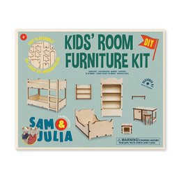Wooden kids room furniture kit with natural wood and brown details, doll bed and accessories set.