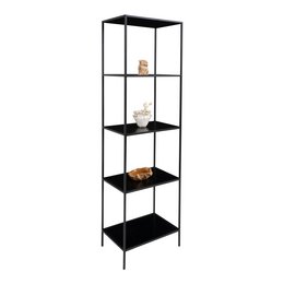 A tall, black metal shelving unit with multiple open shelves for displaying decorative objects.