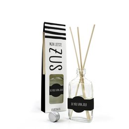 Fragrance sticks in a reed diffuser style, with a "Sister" theme. The product features a black and white striped design on the packaging, and includes fragrance sticks and a glass container.