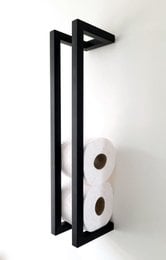 Matte black stainless steel toilet roll holder with towel rack. Modern, minimalist design for bathroom storage and organization.