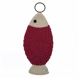  A large, crocheted wall decoration in the shape of a fish, with a fuchsia-colored body and a beige ring at the top. The fish is made of organic cotton and was hand-crocheted in Nepal.