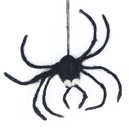 Handmade felt hanging Halloween spider decoration, black in color, with long legs and a round body, suitable for spooky Halloween decor.