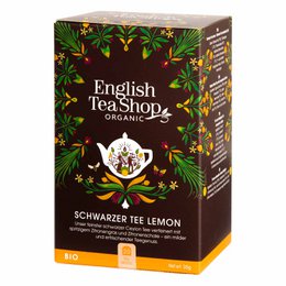 Black tea with lemon flavor, organic, 20 tea bags. The tea is packaged in a box with a floral design featuring leaves and a teapot.