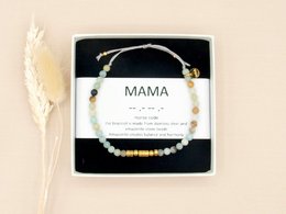 Amazonite and morse code beaded bracelet in silver and gold tones, featuring the word "MAMA" in a delicate design.