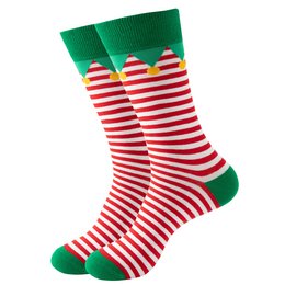 'Socks with a festive elf-inspired design featuring red and white stripes, green cuffs, and yellow pom-poms. These socks would be perfect for the holiday season.'

The socks feature a festive elf-inspired design with red and white striped patterns, green cuffs, and yellow pom-poms. This whimsical and playful design would be perfect for the holiday season. The socks are available in a range of sizes to fit both children and adults.