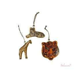Set of 3 ornaments featuring a giraffe, tiger, and other wild animal designs in a rustic, textured style.