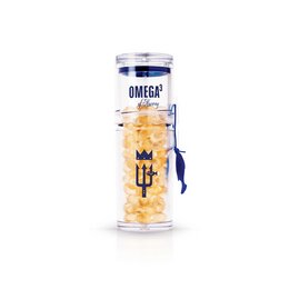 Omega3 supplement in a transparent UV-protected azure blue bottle with soft gel capsules.