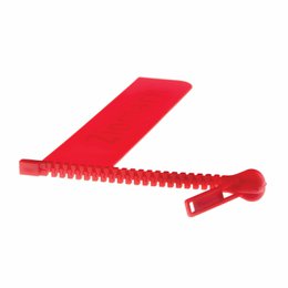 A red plastic book marker with a zipper-like design. The product is called "Zipmark" and is made by Peleg Design. It is available in three color variants: red, blue, and green.