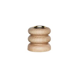Short, round wooden candle holder with stacked rings in natural finish.