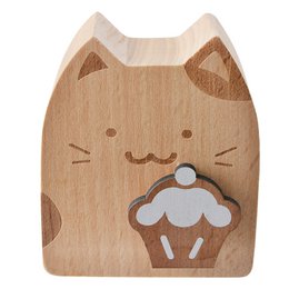  Wooden cat-shaped music box with a cupcake design, in brown and beige colors.
