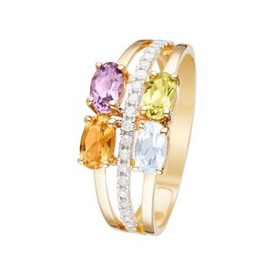 Yellow gold ring, 0.1 carat diamonds, peridot, topaz, amethyst and 1.07 carat citrine “CAYUGA”