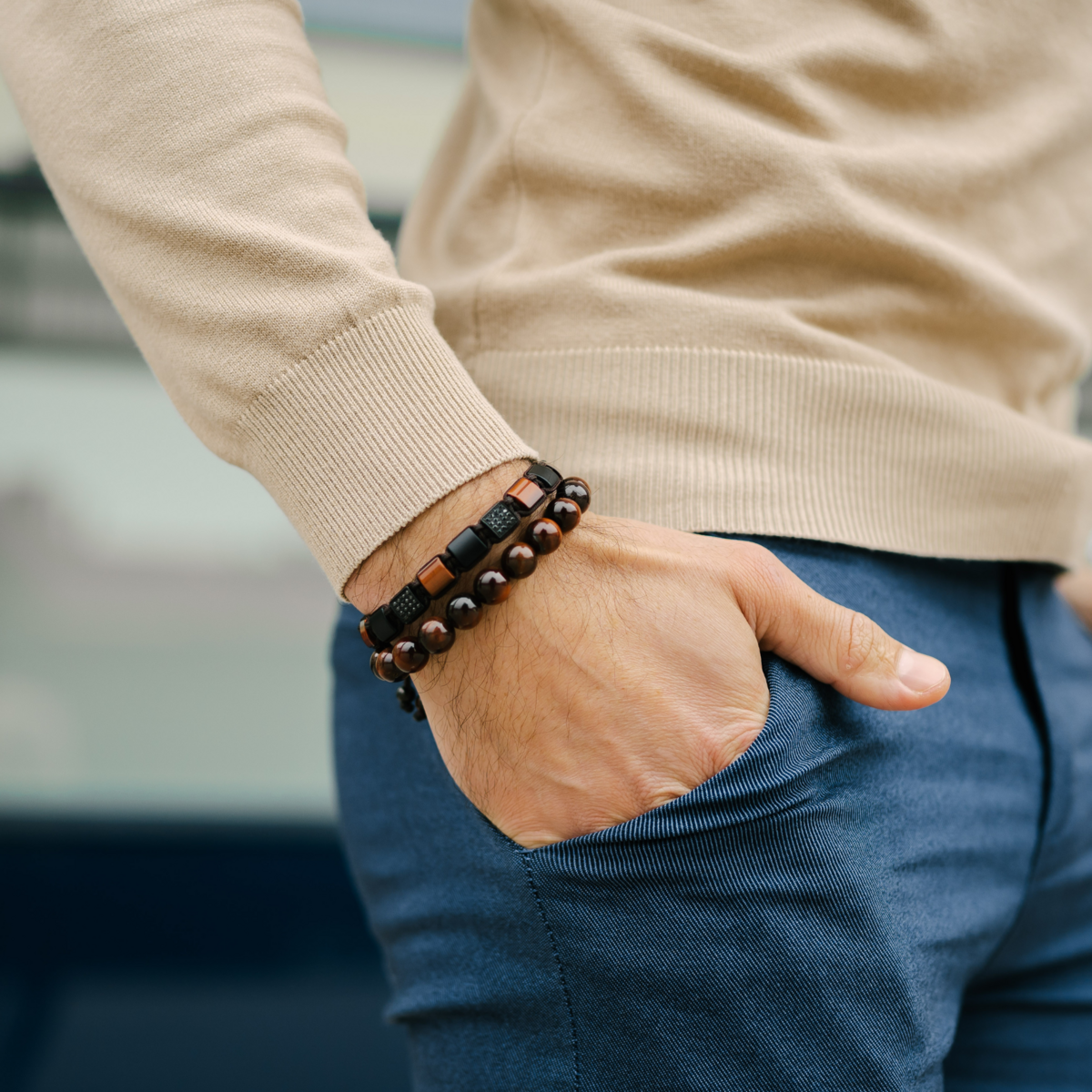 Men's RED TIGER EYE, BLACK ONYX Flat bead Bracelet