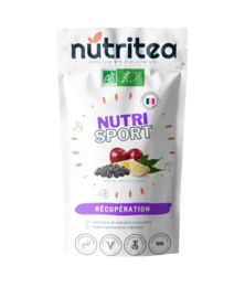 Organic muscle recovery tea with natural ingredients including cherry, turmeric, and ginger. Supports post-workout recovery.