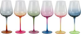 "Set of 6 colorful wine glasses in a variety of pastel shades including pink, green, blue, and orange. The glasses feature a unique textured design and are suitable for long drinks."