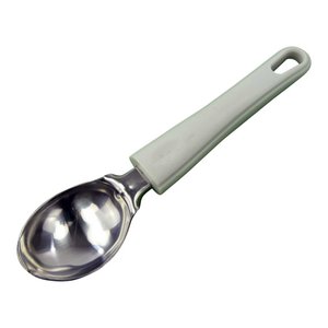 Stainless steel ice cream scoop with white plastic handle