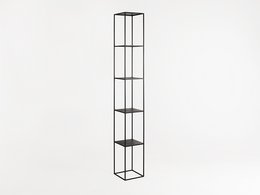 Tall black metal shelving unit with 5 open compartments for storage and display. Suitable for living room, bedroom, or office.