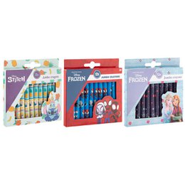  Jumbo wax crayons set featuring Spidey, Stitch, and Frozen characters; colorful thick crayons for children's art.