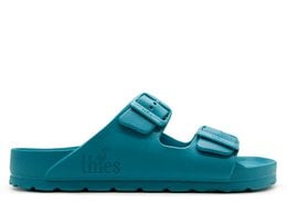 Vegan, EVA sandal in a Caribbean sea blue color with a comfortable, cushioned footbed and adjustable straps for a customized fit.
