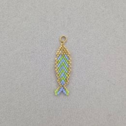 Light blue green beaded fish charm, gold metal loop, small pendant, miyuki beads, delicate jewelry accessory