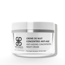 Concentrated anti-aging night cream in a white jar. Creamy, moisturizing texture for rejuvenated skin upon waking.