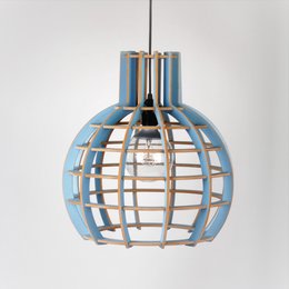 A semi-spherical pendant light with a blue metal frame and a wooden accent. The light features a globe-like shape with an open, lattice-style design.