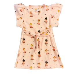 Adorable button dress with ballerina print in various sizes and sleeve lengths for baby girls.