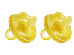 Set of 2 yellow anatomical pacifiers with butterfly design, suitable for newborns and infants.