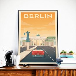 Vintage Berlin poster featuring a cityscape with iconic landmarks and a red car on the road. The poster has a retro, travel-inspired design in warm orange and yellow tones.