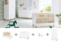 A modern, white and wood nursery crib set with an extra wide changing unit, 2-door wardrobe, and wall shelf. The crib features a clean, minimalist design with wooden slats and a neutral color palette.