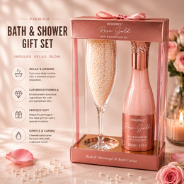 Rose gold beauty gift set, bath shower products, pink champagne bottle, luxurious spa collection